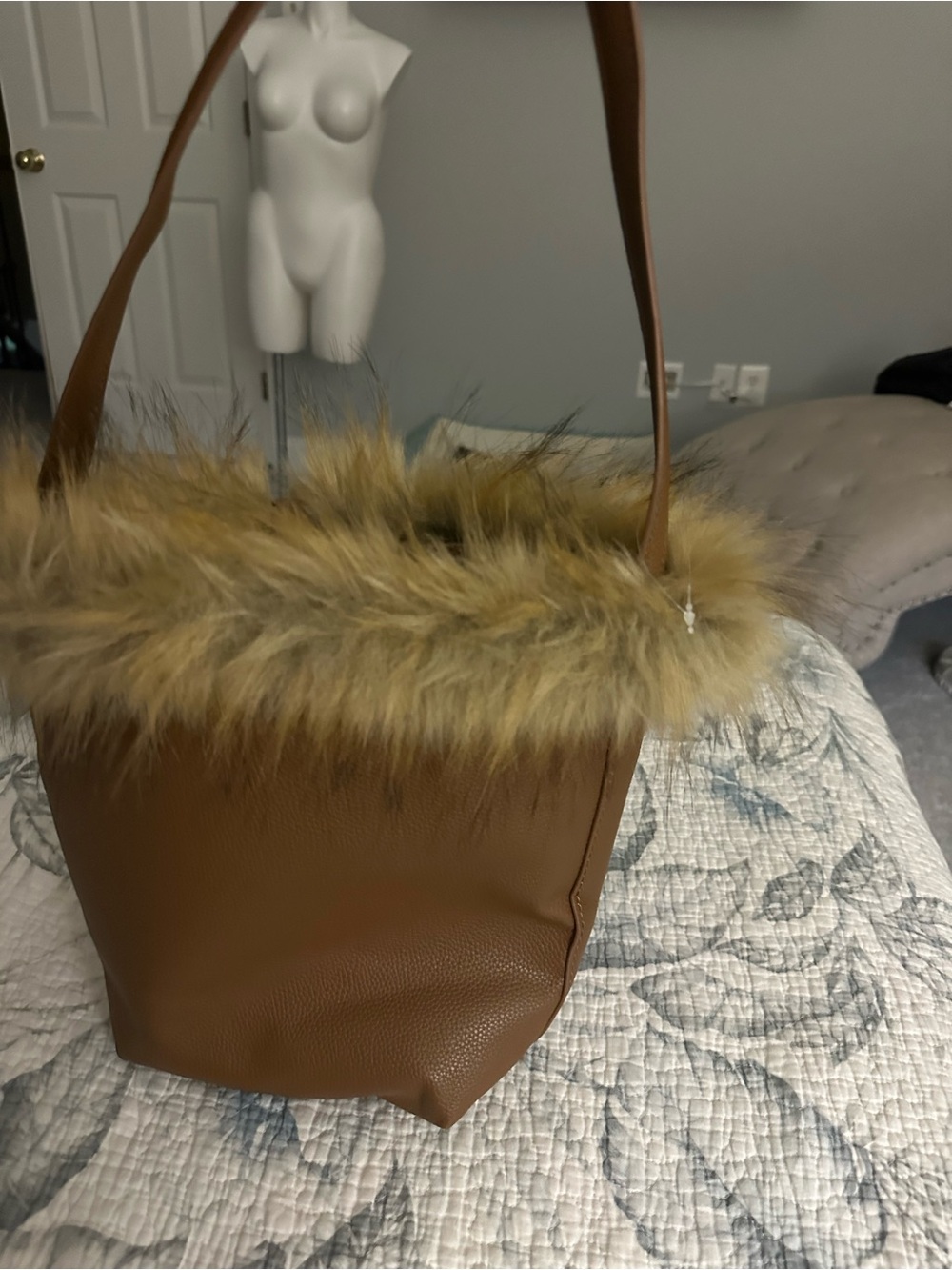 Faux Fur-Trim Brown Shoulder Bag for Women